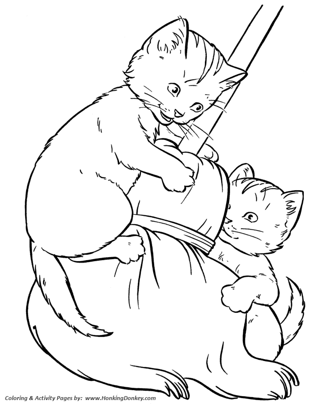 Pet Cat Coloring page | Kittens play with a broom