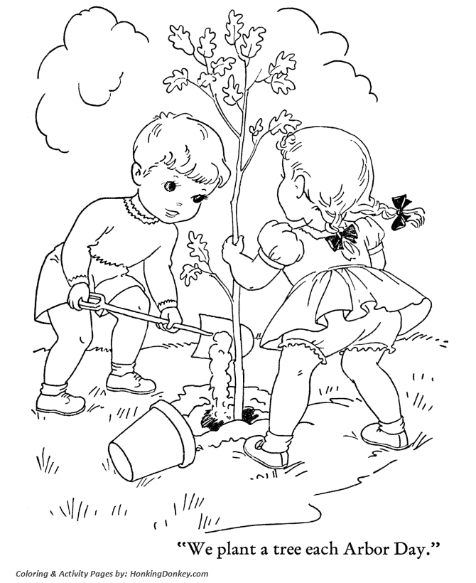 Arbor Day Coloring Pages - Boy and Girl planting a tree