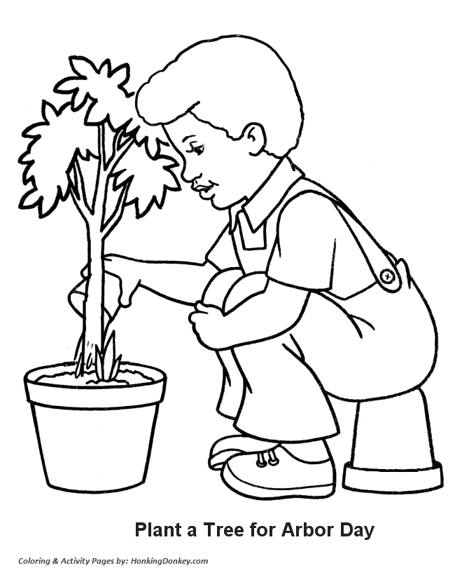 Arbor Day Coloring Pages - Boy watering a tree seedling