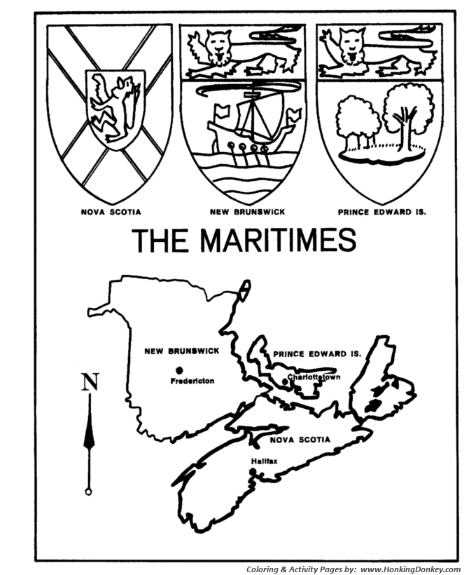 Canada Day Coloring page | The Maritimes - Map / Coat of Arms
