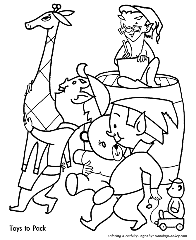 Christmas Eve Coloring Sheet - Elves gather the toys