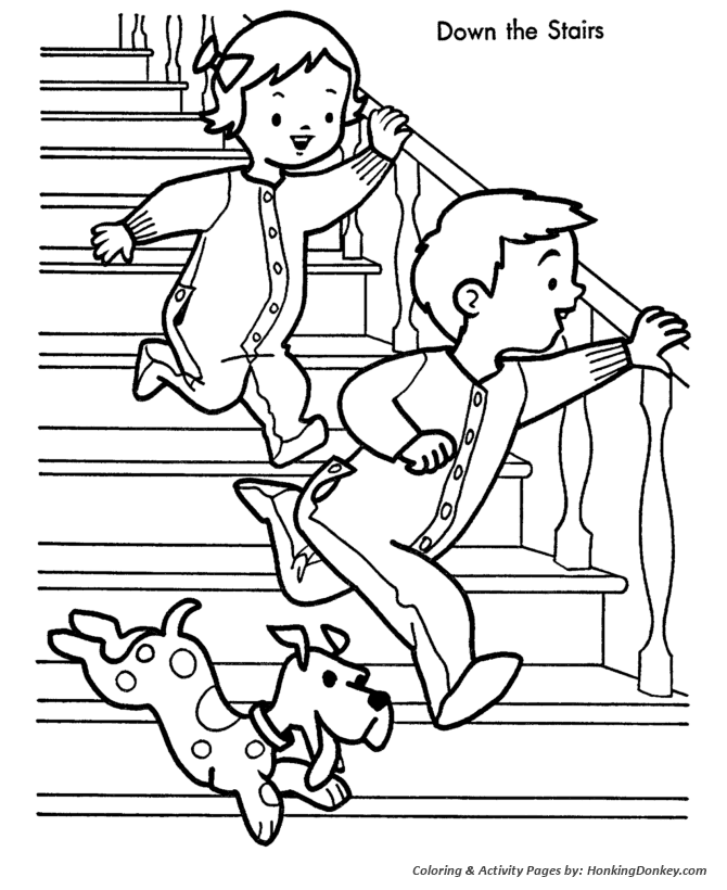 Kids Run Downstairs on Christmas Morning Coloring Sheet