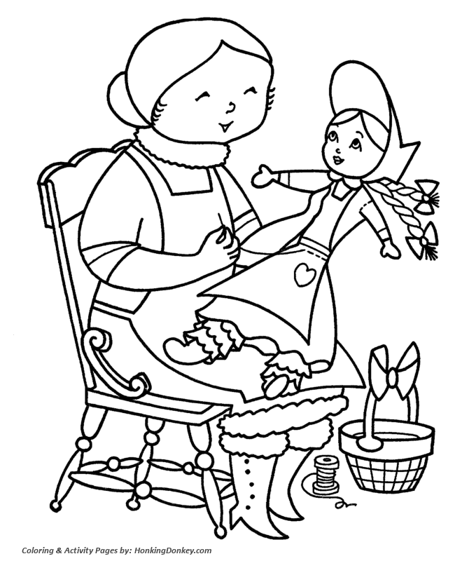 Christmas Toys Coloring Sheet -  Ms Claus making a Christmas Doll
