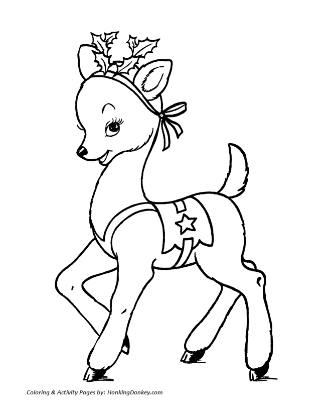 Santa's Reindeer Coloring Sheet - Santa's Reindeer with Holly