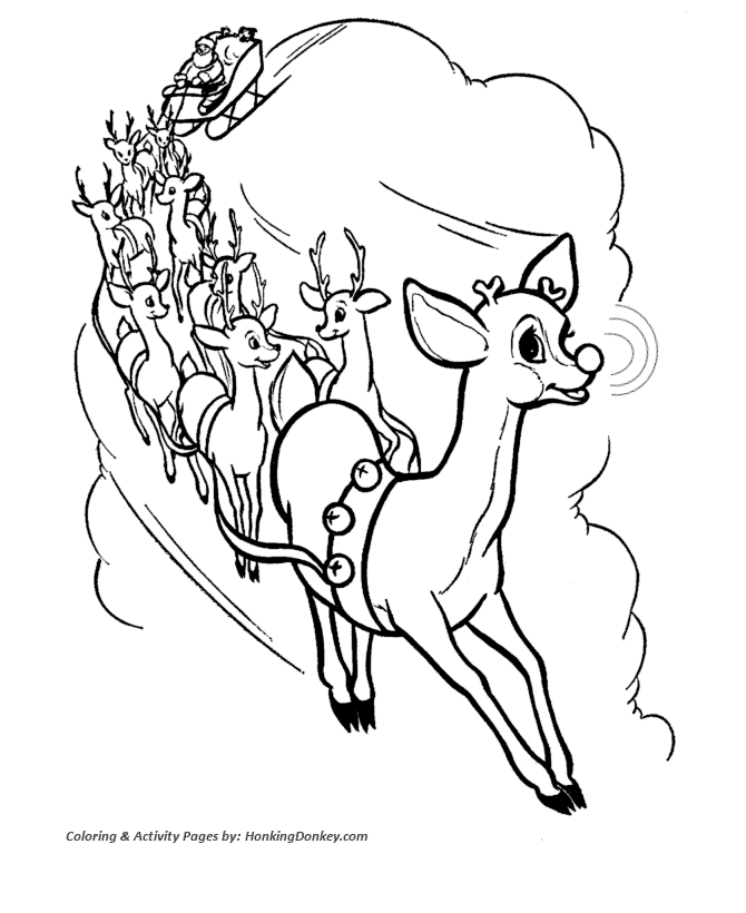 Rudolph Reindeer Coloring Sheet - Rudolph Guides Santa's Reindeer