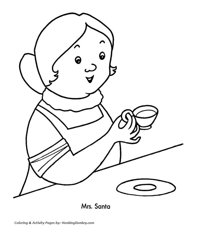 Christmas Santa Coloring Sheet - Mrs. Santa Claus with her cup of tea