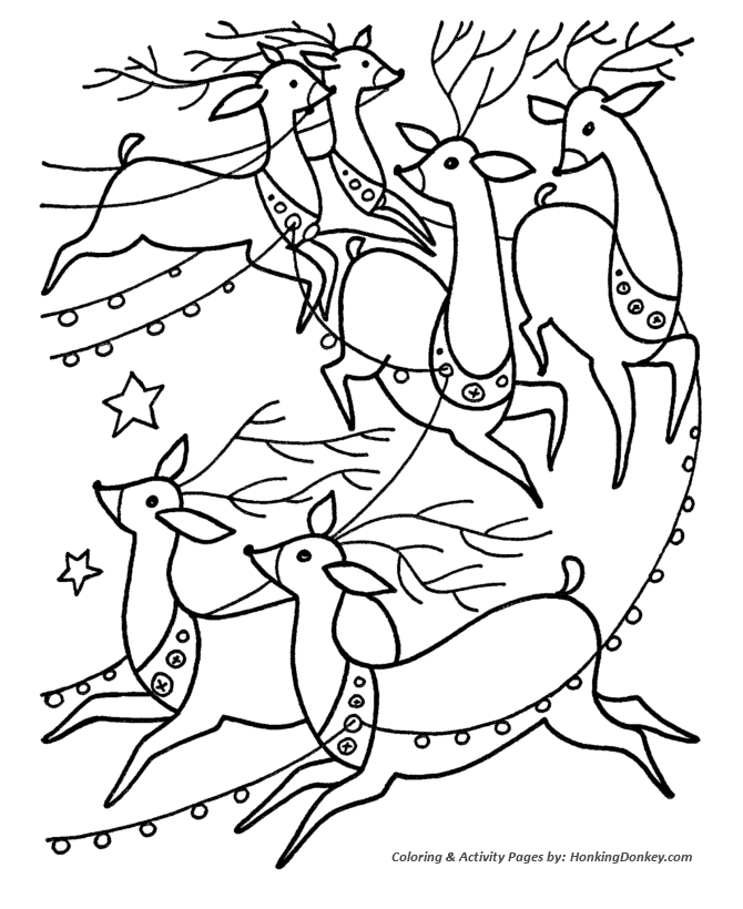 Christmas Santa Coloring Sheet - Santa's Reindeer pull the Sleigh