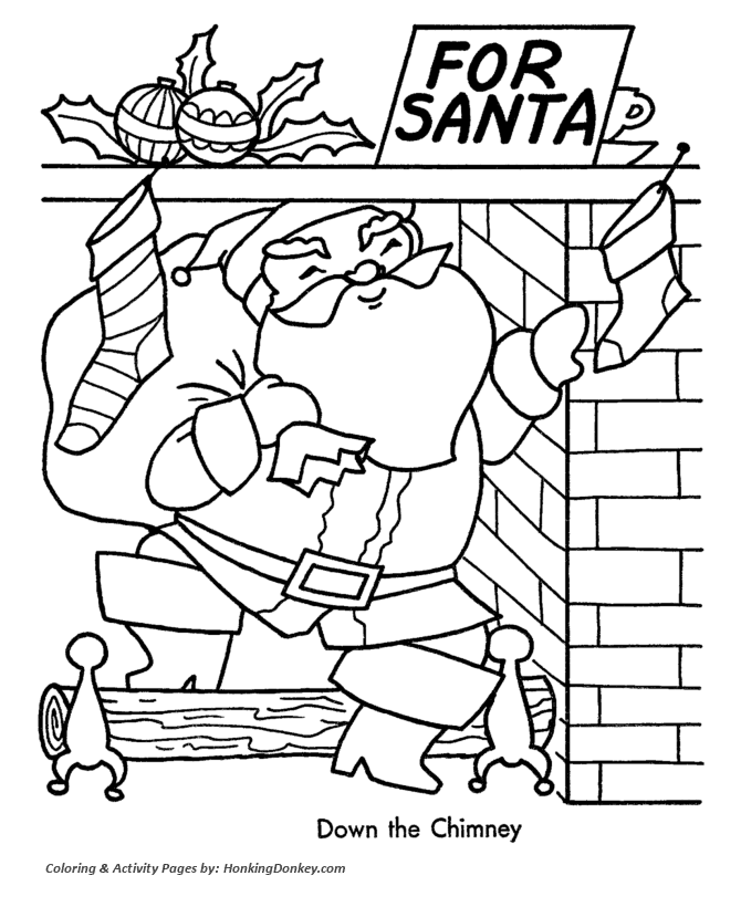 Christmas Santa Coloring Sheet - Santa comes down the chimney