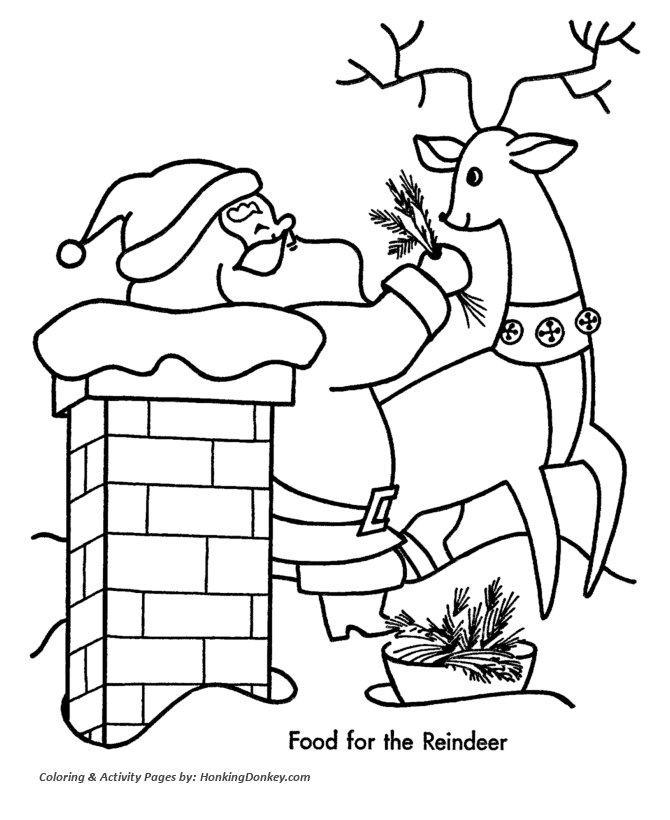 Christmas Santa Coloring Sheet - Santa feeds his Reindeer during his trip