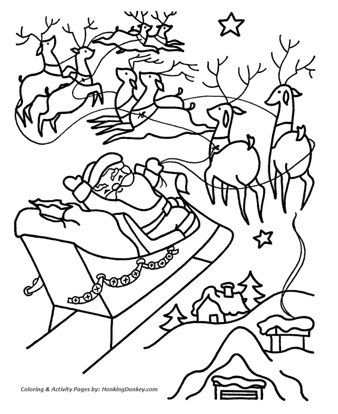 Christmas Santa Coloring Sheet - Santa and the Reindeer fly away