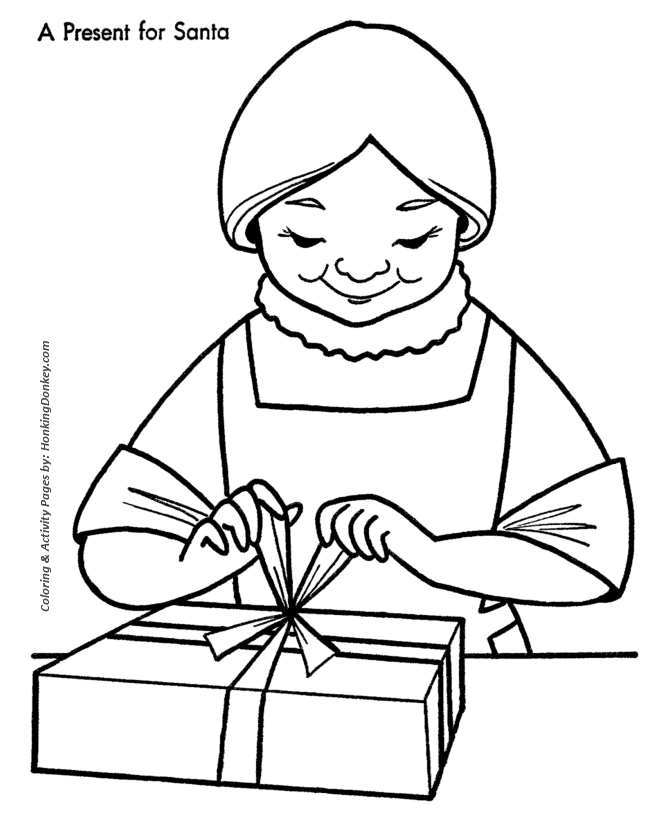 Christmas Santa Coloring Sheet - Mrs. Clause wraps something special for Santa