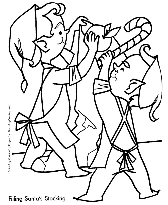 Christmas Santa Coloring Sheet - The Elves fill a stocking for Santa