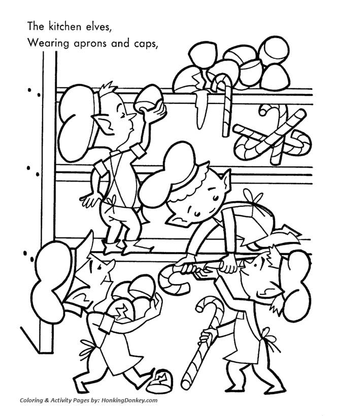 Santa's Helpers Coloring Sheet - Kitchen Elves made a mess