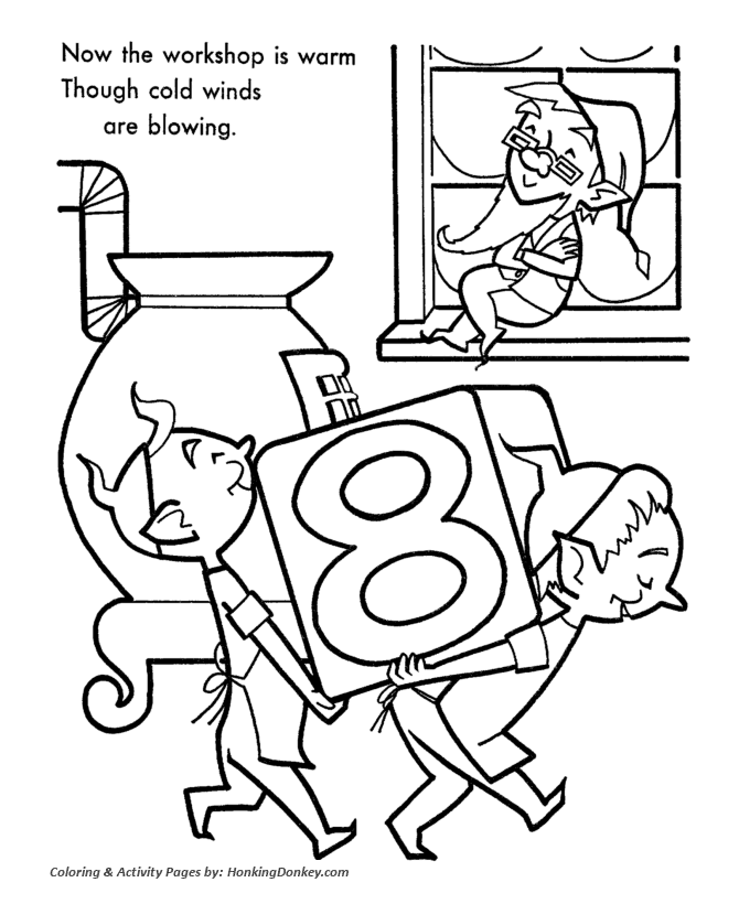 Santa's Helpers Coloring Sheet - Elves work in the warm workshop