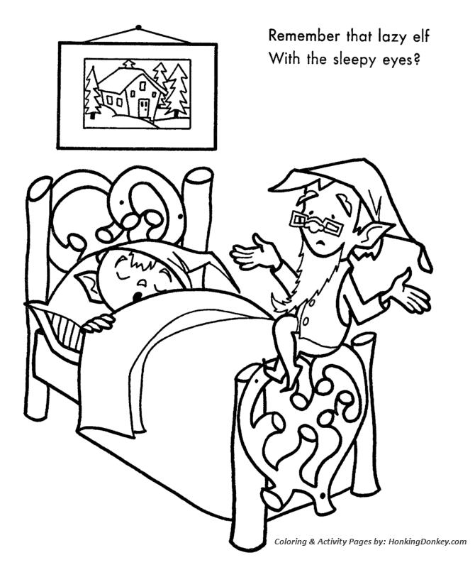 Santa's Helpers Coloring Sheet - The Head Elf went to help the Sleepy Elf