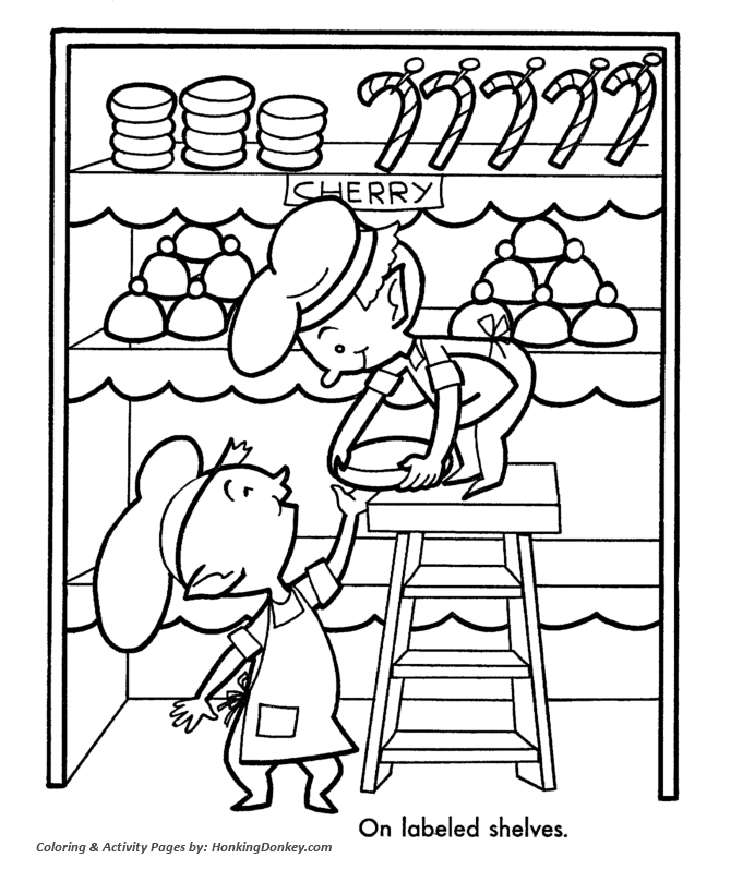 Santa's Helpers Coloring Sheet -  Kitchen Helpers stacked the shelves