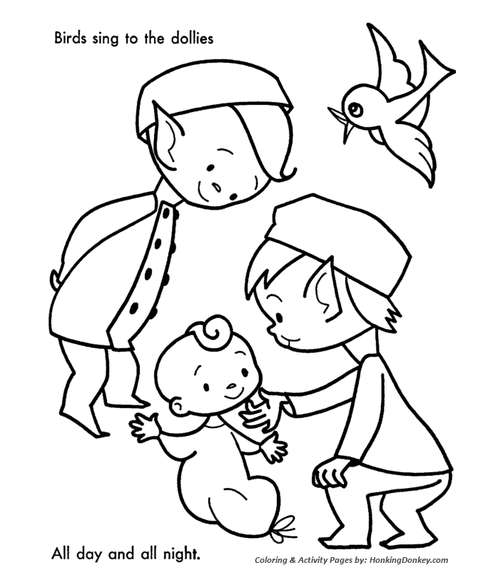 Santa's Helpers Coloring Sheet - Birds sang to the Baby Dolls