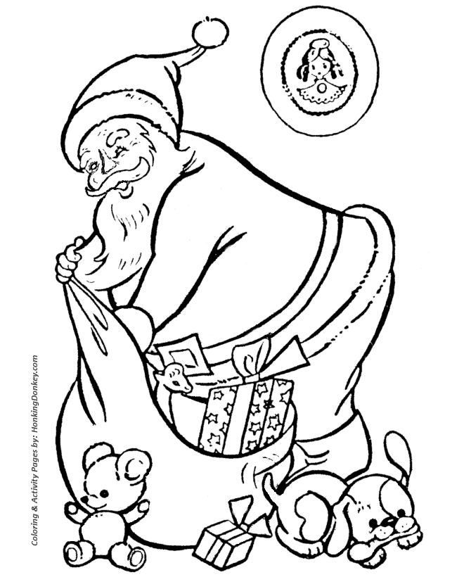 Santa Claus Coloring Sheet - Santa unloads his bag