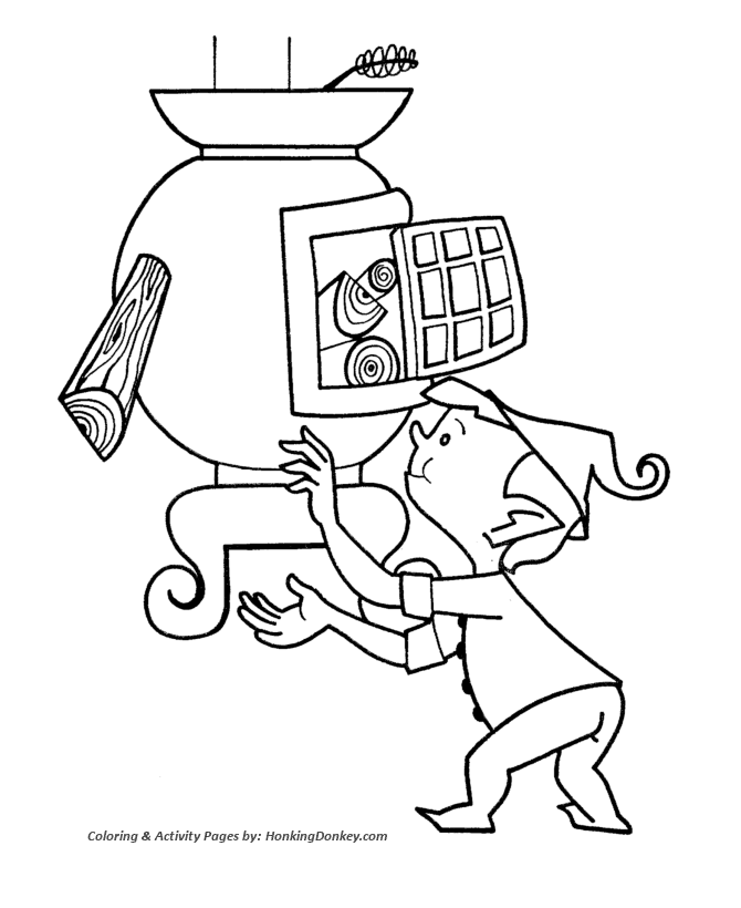 Santa's Elves Coloring Sheet - Santa's Elves put firewood in the stove