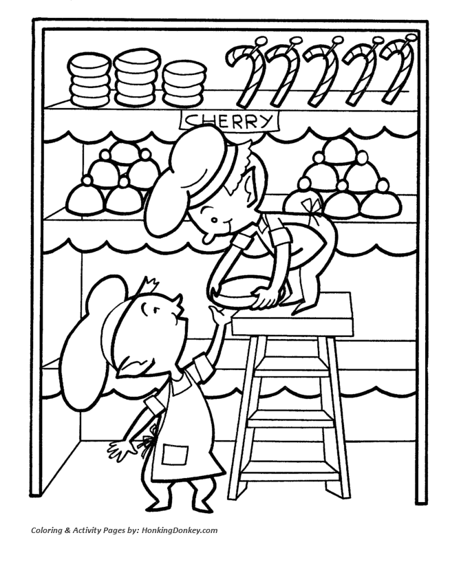 Santa's Elves Coloring Sheet - Santa's Elves making Christmas candy