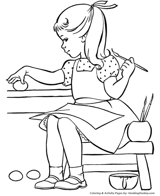 Easter Egg Coloring Pages - Girl Painting Easter Eggs 