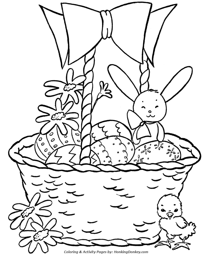 Easter Basket Coloring Pages - Easter Basket with Bunnies and Chicks 