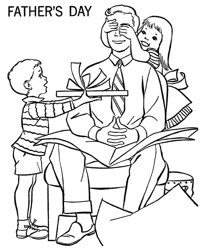 Father's Day Coloring Pages - Son and Daughter give Dad a present