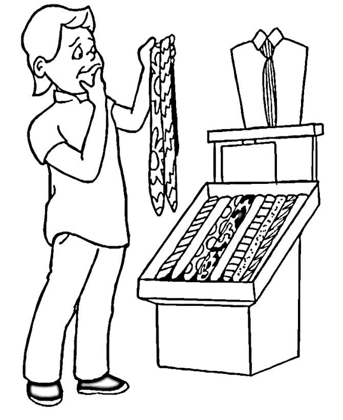 Father's Day Coloring Pages - Son selecting a new tie from the store