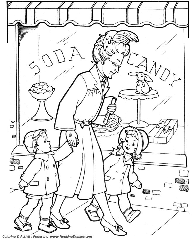 Grandparents Day Coloring Pages - Grandmother takes us to the Candy Store