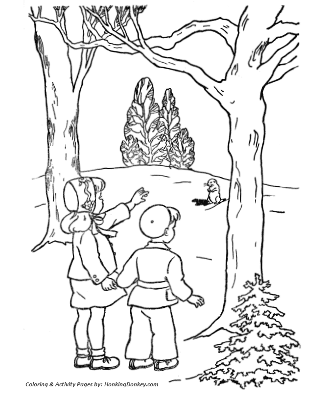 Groundhog Day Coloring Pages - Girl and Boy see a Groundhog