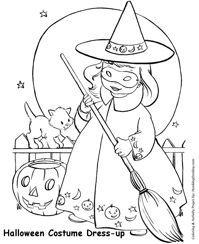 Halloween Costume Coloring Pages - Witch Costume with Broom and Full Moon