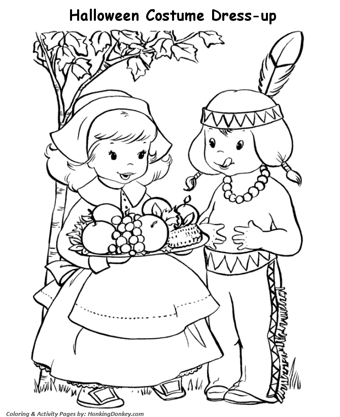 Halloween Costume Coloring Pages - Pilgrim Girl Costume Coloring Page