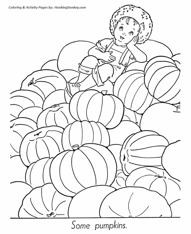 Halloween Pumpkin Coloring Pages - Boy in Pumpkin Patch