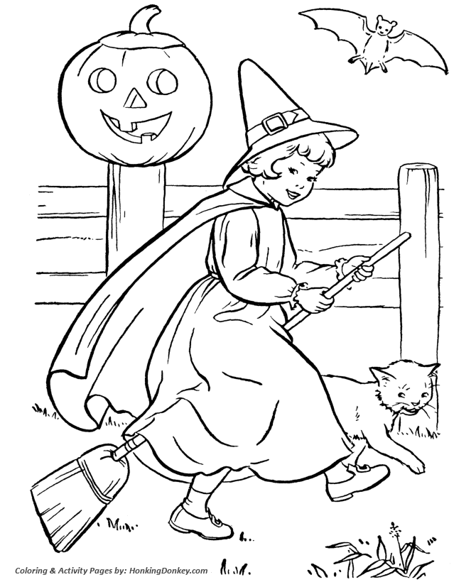 Halloween Witch Coloring Pages - Halloween Witch Girl riding her Broom
