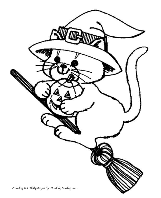 Halloween Witch Coloring Pages - Cat Witch on a Broom