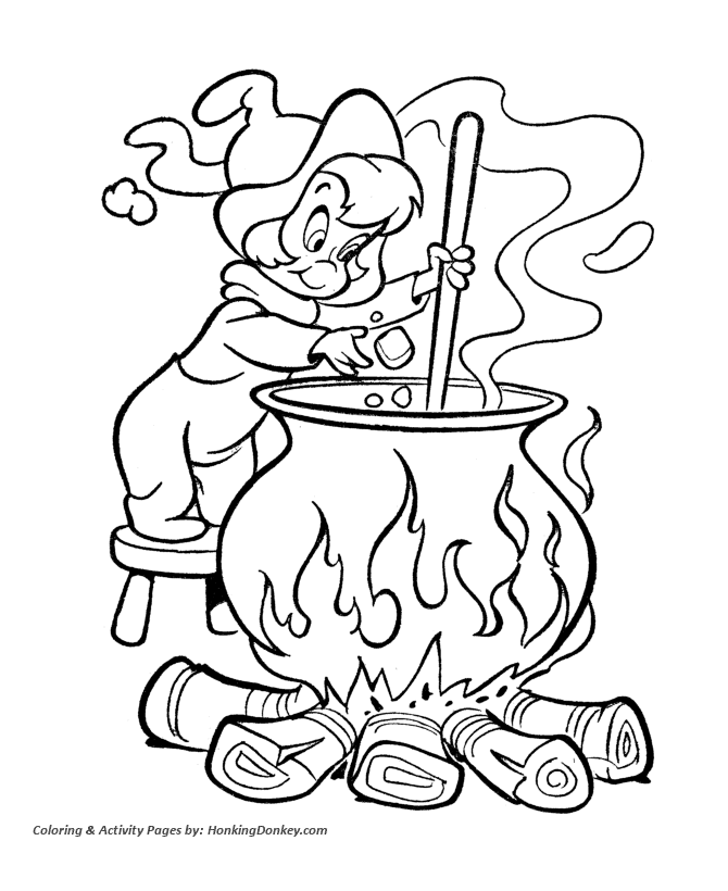 Halloween Witch Coloring Pages - Wendy Witch stiring a Cauldron