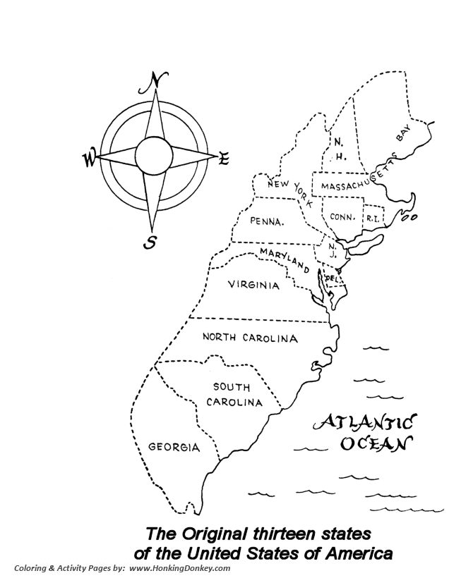 Map of the first 13 States of the USA