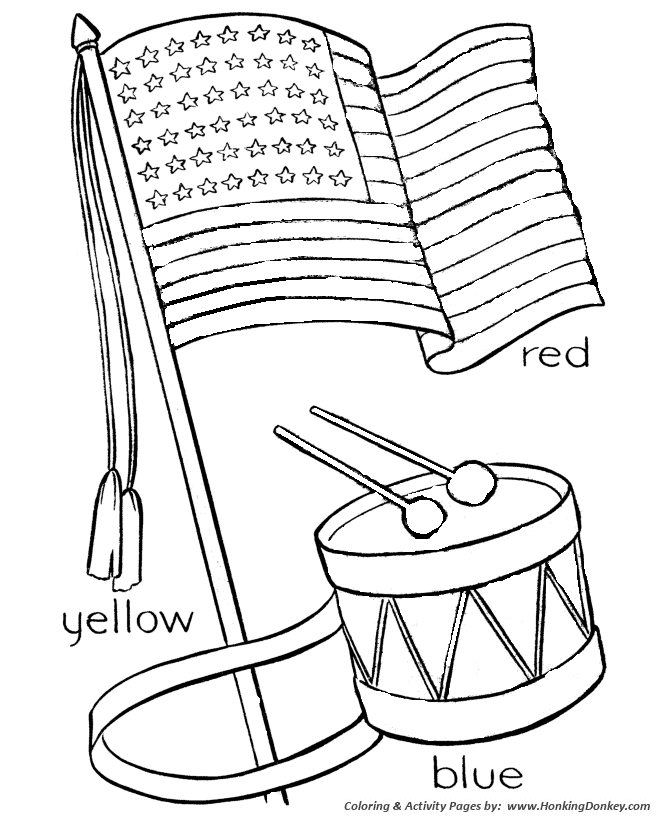 July 4th Coloring Pages - Flag and Drum