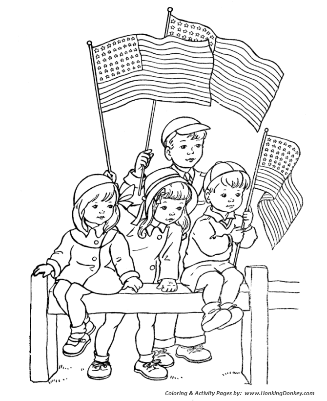 Memorial Day Coloring Pages - Children waving flags