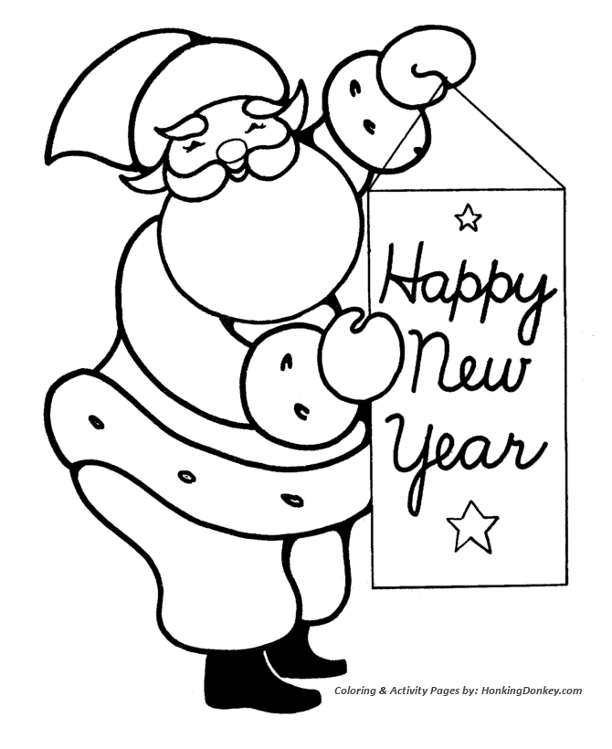 New Year's Day Coloring Pages - Santa with a New Year Banner