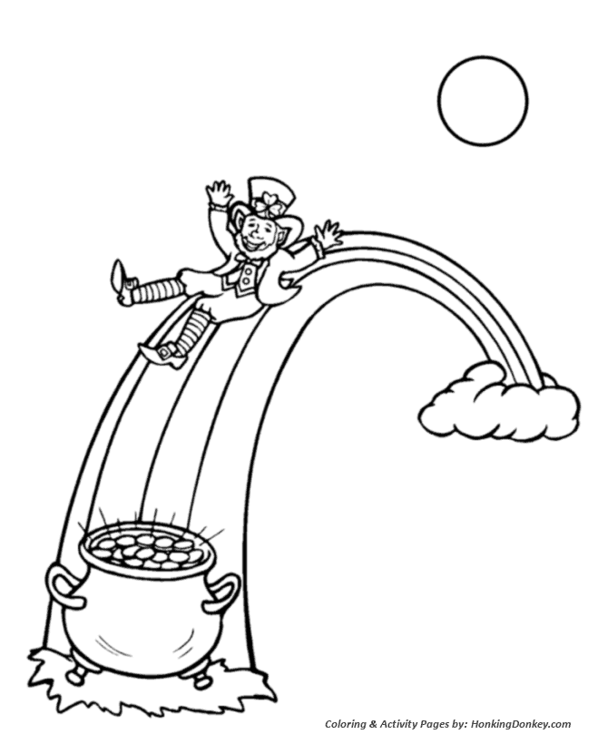St Patricks Day Coloring Pages - Leprechaun on rainbow w/ pot-of-gold