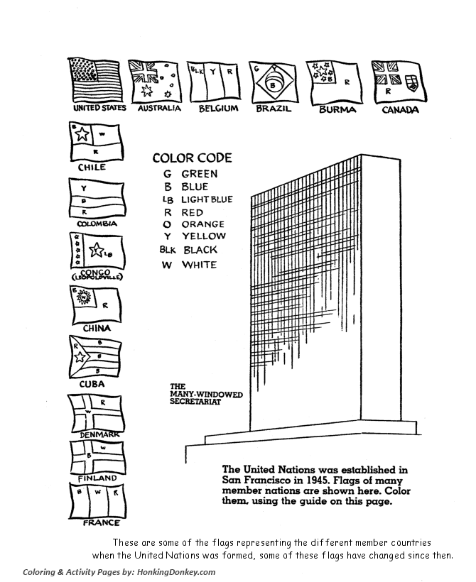 United Nations Day Coloring Pages - UN founding country flags