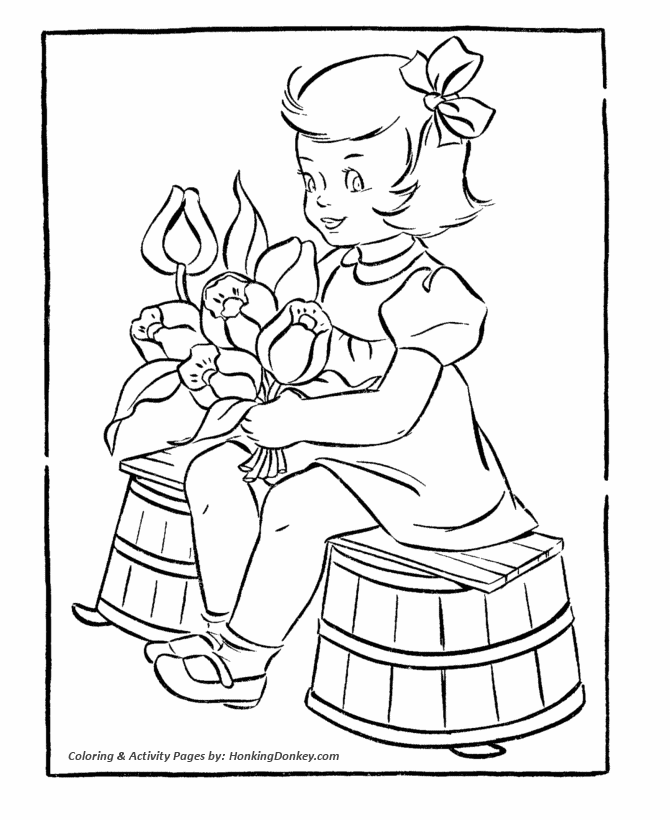 Girl with a bouquet of Flowers - Valentine's Day Flowers Coloring Pages