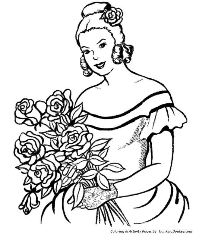 Valentine's Flowers Coloring Pages - Pretty Girl with Flowers