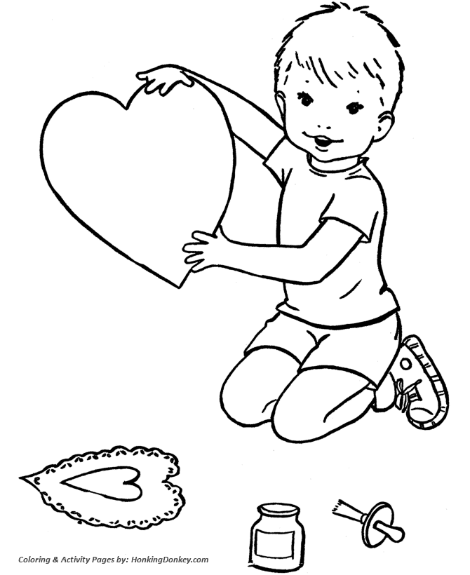 Valentine's Hearts Coloring Pages -  Boy making Valentine Heart cutout