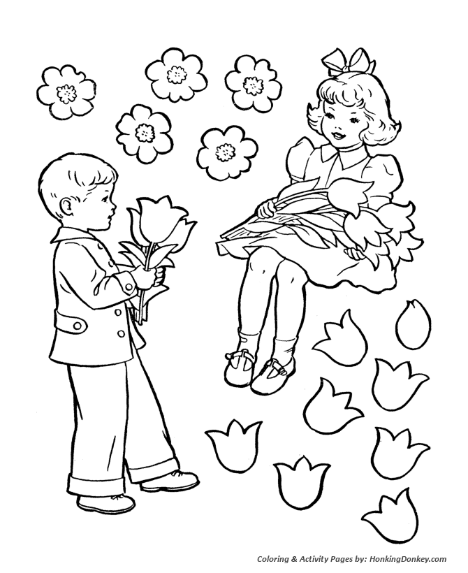 Valentine's Day Kids Coloring Pages - Kids giving Valentine Flowers Coloring Page