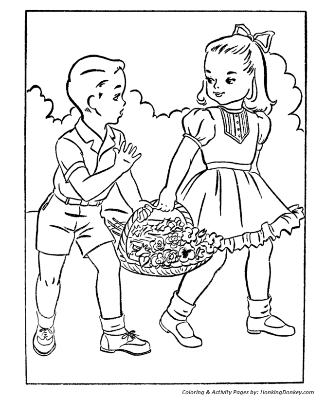 Valentine's Day Kids Coloring Pages - Kids collecting flowers on Valentines