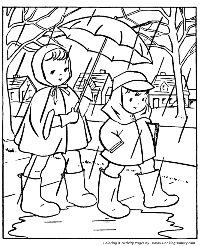 Spring Season Coloring page | Going to School in the rain