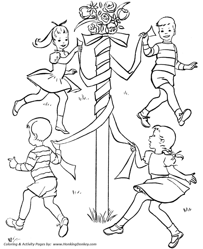 Spring Coloring Pages - Kids Spring Maypole Dance Coloring Page Sheets