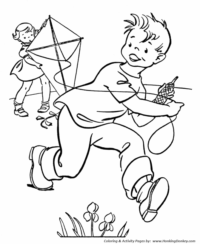 Spring Season Coloring page | Flying a Kyte
